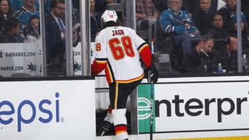 SAN JOSE, CA - DECEMBER 28: Jaromir Jagr #68 of the Calgary Flames exits the ice during the game against the San Jose Sharks at SAP Center on December 28, 2017 in San Jose, California. (Photo by Rocky W. Widner/NHL/Getty Images)