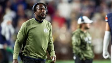 Auburn football interim head coach Carnell "Cadillac" Williams looks on from the sideline as Auburn Tigers take on Texas A&M Aggies at Jordan-Hare Stadium in Auburn, Ala., on Saturday, Nov. 12, 2022. Auburn Tigers lead Texas A&M 7-0 at halftime.