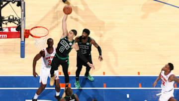 NEW YORK, NY - OCTOBER 20: Jayson Tatum #0 of the Boston Celtics dunks the ball against the New York Knicks on October 20, 2018 at Madison Square Garden in New York City, New York. NOTE TO USER: User expressly acknowledges and agrees that, by downloading and/or using this photograph, user is consenting to the terms and conditions of the Getty Images License Agreement. Mandatory Copyright Notice: Copyright 2018 NBAE (Photo by Nathaniel S. Butler/NBAE via Getty Images)