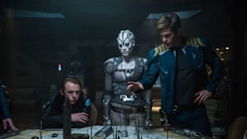 Left to right: Simon Pegg plays Scotty, Sofia Boutella plays Jaylah and Chris Pine plays Kirk in Star Trek Beyond from Paramount Pictures, Skydance, Bad Robot, Sneaky Shark and Perfect Storm Entertainment