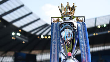 MANCHESTER, ENGLAND - MAY 06: The Premier League Trophy on display prior to the Premier League match between Manchester City and Huddersfield Town at Etihad Stadium on May 6, 2018 in Manchester, England. (Photo by Michael Regan/Getty Images)