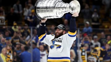 BOSTON, MASSACHUSETTS - JUNE 12: Pat Maroon #7 of the St. Louis Blues celebrates with the Stanley cup after defeating the Boston Bruins in Game Seven of the 2019 NHL Stanley Cup Final at TD Garden on June 12, 2019 in Boston, Massachusetts. (Photo by Patrick Smith/Getty Images)