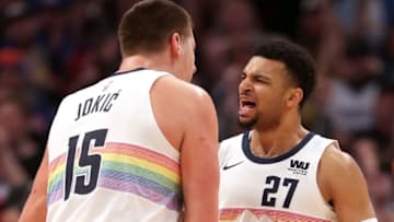 DENVER, COLORADO - JANUARY 13: Nikola Jokic #15 and Jamal Murray #27 of the Denver Nuggets celebrate against the Portland Trail Blazers late in the fourth quarter at the Pepsi Center on January 13, 2019 in Denver, Colorado. NOTE TO USER: User expressly acknowledges and agrees that, by downloading and or using this photograph, User is consenting to the terms and conditions of the Getty Images License Agreement. (Photo by Matthew Stockman/Getty Images)