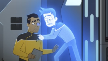 Eugene Cordero as Ensign Rutherford and Jack Quaid as Ensign Brad Boimler of the CBS All Access series STAR TREK: LOWER DECKS. Photo Cr: Best Possible Screen Grab CBS ©2020 CBS Interactive, Inc. All Rights Reserved.