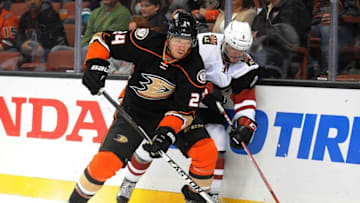 February 5, 2016; Anaheim, CA, USA; Anaheim Ducks defenseman Simon Despres (24) plays for the puck against Arizona Coyote center Tobias Rieder (8) during the first period at Honda Center. Mandatory Credit: Gary A. Vasquez-USA TODAY Sports