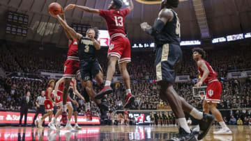 WEST LAFAYETTE, IN - JANUARY 19: Carsen Edwards #3 of the Purdue Boilermakers shoots the ball against Juwan Morgan #13 of the Indiana Hoosiers during the second half of the game at Mackey Arena on January 19, 2019 in West Lafayette, Indiana. (Photo by Michael Hickey/Getty Images)