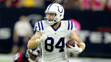 Oct 16, 2016; Houston, TX, USA; Indianapolis Colts tight end Jack Doyle (84) carries the ball up the sideline against the Houston Texans during the third quarter at NRG Stadium. Mandatory Credit: Erik Williams-USA TODAY Sports