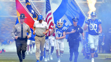 DURHAM, NORTH CAROLINA - OCTOBER 12: Head coach David Cutcliffe of the Duke Blue Devils leads his team onto the field before their game against the Georgia Tech Yellow Jackets at Wallace Wade Stadium on October 12, 2019 in Durham, North Carolina. (Photo by Grant Halverson/Getty Images)