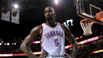 Jan 20, 2015; Miami, FL, USA; Oklahoma City Thunder center Kendrick Perkins (5) during the second half against Miami Heat at American Airlines Arena. Thunder won 94-86. Mandatory Credit: Steve Mitchell-USA TODAY Sports