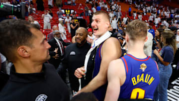 MIAMI, FLORIDA - JUNE 07: Nikola Jokic #15 of the Denver Nuggets reacts after a 109-94 victory against the Miami Heat in Game Three of the 2023 NBA Finals at Kaseya Center on June 07, 2023 in Miami, Florida. NOTE TO USER: User expressly acknowledges and agrees that, by downloading and or using this photograph, User is consenting to the terms and conditions of the Getty Images License Agreement. (Photo by Mike Ehrmann/Getty Images)