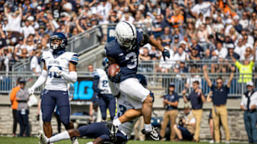 STATE COLLEGE, PA - SEPTEMBER 25: Parker Washington #3 of the Penn State Nittany Lions scores a touchdown against Kshawn Schulters #32 of the Villanova Wildcats during the second half at Beaver Stadium on September 25, 2021 in State College, Pennsylvania. (Photo by Scott Taetsch/Getty Images)