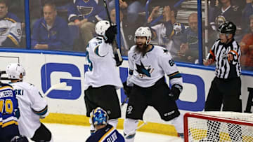 May 17, 2016; St. Louis, MO, USA; San Jose Sharks defenseman Brent Burns (88) reacts to scoring a goal against the St. Louis Blues during the second period in game two of the Western Conference Final of the 2016 Stanley Cup Playoff at Scottrade Center. Mandatory Credit: Aaron Doster-USA TODAY Sports