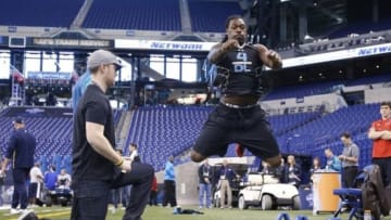 Feb 24, 2014; Indianapolis, IN, USA; South Carolina Gamecocks defensive end Jadeveon Clowney jumps the long jump during the 2014 NFL Combine at Lucas Oil Stadium. Mandatory Credit: Brian Spurlock-USA TODAY Sports