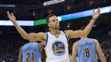 January 2, 2017; Oakland, CA, USA; Golden State Warriors guard Stephen Curry (30) celebrates during the fourth quarter against the Denver Nuggets at Oracle Arena. The Warriors defeated the Nuggets 127-119. Mandatory Credit: Kyle Terada-USA TODAY Sports