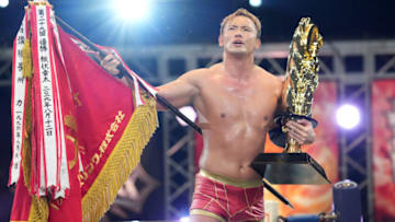 TOKYO, JAPAN - AUGUST 18: Kazuchika Okada celebrates with the trophy during the New Japan Pro-Wrestling - G1 Climax 32 Final at Nippon Budokan on August 18, 2022 in Tokyo, Japan. (Photo by Etsuo Hara/Getty Images)