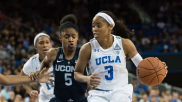 LOS ANGELES, CA - NOVEMBER 21: UCLA Bruins guard Jordin Canada (3) dribbles during the game between the UConn Huskies and the UCLA Bruins on November 21, 2017, at Pauley Pavilion in Los Angeles, CA. (Photo by David Dennis/Icon Sportswire via Getty Images)