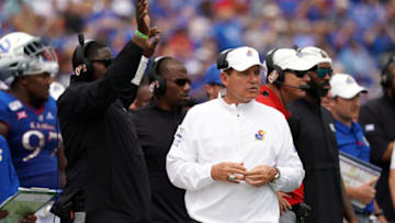 Kansas football head coach Les Miles walks the sideline. (Photo by Jamie Squire/Getty Images)