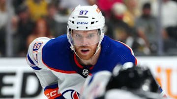 May 12, 2023; Las Vegas, Nevada, USA; Edmonton Oilers center Connor McDavid (97) awaits a face off against the Vegas Golden Knights during the first period of game five of the second round of the 2023 Stanley Cup Playoffs at T-Mobile Arena. Mandatory Credit: Stephen R. Sylvanie-USA TODAY Sports