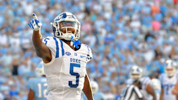 CHAPEL HILL, NC - SEPTEMBER 23: Johnathan Lloyd #5 of the Duke Blue Devils reacts after a fourth-quarter touchdown against the North Carolina Tar Heels during their game at Kenan Stadium on September 23, 2017 in Chapel Hill, North Carolina. Duke won 27-17. (Photo by Grant Halverson/Getty Images)