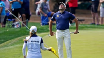 Mar 14, 2021; Ponte Vedra Beach, Florida, USA; Lee Westwood reacts to his putt on the third green during the final round of The Players Championship golf tournament at TPC Sawgrass - Stadium Course. Mandatory Credit: Jasen Vinlove-USA TODAY Sports