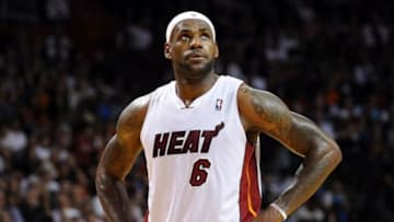 Jan 2, 2014; Miami, FL, USA; Miami Heat small forward LeBron James (6) looks on during the second half against the Golden State Warriors at American Airlines Arena. Mandatory Credit: Steve Mitchell-USA TODAY Sports