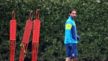 ST ALBANS, ENGLAND - MARCH 16: Robert Pires is seen training with the Arsenal team during the Arsenal Training Session ahead of their Champions League match against AS Monaco on March 16, 2015 in St Albans, England. (Photo by Charlie Crowhurst/Getty Images)