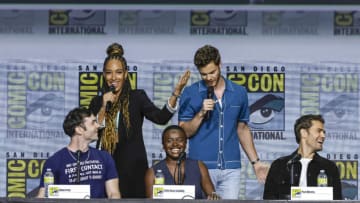 SAN DIEGO, CALIFORNIA - JULY 23: (L-R) Ethan Peck, Tawny Newsome, Celia Rose Gooding, Jack Quaid, and Paul Wesley speak onstage at the Star Trek Universe Panel during 2022 Comic Con International: San Diego at San Diego Convention Center on July 23, 2022 in San Diego, California. (Photo by Kevin Winter/Getty Images)