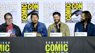 SAN DIEGO, CALIFORNIA - JULY 21: (L-R) Andrew Dabb, Misha Collins, Jensen Ackles, and Jared Padalecki attend the "Supernatural" Special Video Presentation and Q&A during 2019 Comic-Con International at San Diego Convention Center on July 21, 2019 in San Diego, California. (Photo by Kevin Winter/Getty Images)