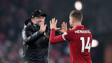 LIVERPOOL, ENGLAND - JANUARY 19: Jurgen Klopp, Manager of Liverpool congratulates Jordan Henderson of Liverpool following the Premier League match between Liverpool FC and Crystal Palace at Anfield on January 19, 2019 in Liverpool, United Kingdom. (Photo by Laurence Griffiths/Getty Images)