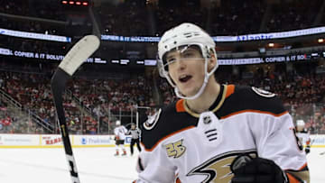 NEWARK, NEW JERSEY - JANUARY 19: Troy Terry #61 of the Anaheim Ducks celebrates his first NHL goal at 10:38 of the first period on the power-play against the New Jersey Devils at the Prudential Center on January 19, 2019 in Newark, New Jersey. The Ducks defeated the Devils 3-2. (Photo by Bruce Bennett/Getty Images)