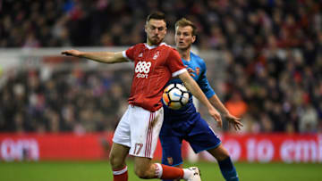 NOTTINGHAM, ENGLAND - JANUARY 07: Ben Brereton of Nottingham Forest and Rob Holding of Arsenal in action during The Emirates FA Cup Third Round match between Nottingham Forest and Arsenal at City Ground on January 7, 2018 in Nottingham, England. (Photo by Shaun Botterill/Getty Images)