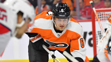 Sep 28, 2022; Philadelphia, Pennsylvania, USA; Philadelphia Flyers defenseman Travis Sanheim (6) against the Washington Capitals at Wells Fargo Center. Mandatory Credit: Eric Hartline-USA TODAY Sports