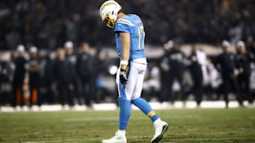 OAKLAND, CALIFORNIA - NOVEMBER 07: Philip Rivers #17 of the Los Angeles Chargers walks away from the huddle after a play during their game against the Oakland Raiders at RingCentral Coliseum on November 07, 2019 in Oakland, California. (Photo by Ezra Shaw/Getty Images)