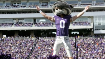 Oct 13, 2018; Manhattan, KS, USA; Kansas State Wildcats mascot Willie the Wildcat celebrates during a game against the Oklahoma State Cowboys at Bill Snyder Family Stadium. Mandatory Credit: Scott Sewell-USA TODAY Sports