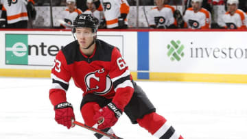NEWARK, NJ - NOVEMBER 1: Jesper Bratt #63 of the New Jersey Devils skates against the Philadelphia Flyers during the game at the Prudential Center on November 1, 2019 in Newark, New Jersey. (Photo by Andy Marlin/NHLI via Getty Images)"n"n"n