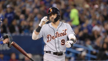 TORONTO, ON - MARCH 30: Nicholas Castellanos #9 of the Detroit Tigers reacts after striking out in the fifth inning during MLB game action against the Toronto Blue Jays at Rogers Centre on March 30, 2019 in Toronto, Canada. (Photo by Tom Szczerbowski/Getty Images)