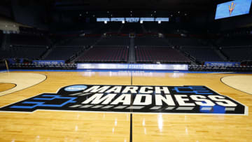 Mar 13, 2023; Dayton, OH, USA; General view of the March Madness logo at UD Arena. Mandatory Credit: Rick Osentoski-USA TODAY Sports