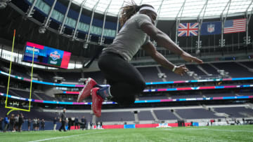 Oct 4, 2022; London, United Kingdom; Running back Tyrese Johnson-Fisher (GBR) participates in drills during the NFL International Combine at Tottenham Hotspur Stadium. Mandatory Credit: Kirby Lee-USA TODAY Sports