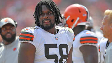 CLEVELAND, OHIO - AUGUST 22: Defensive tackle Malik McDowell #58 of the Cleveland Browns watches from the sidelines during the second half against the New York Giants at FirstEnergy Stadium on August 22, 2021 in Cleveland, Ohio. The Browns defeated the Giants 17-13. (Photo by Jason Miller/Getty Images)