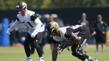 Jun 14, 2016; Jacksonville, FL, USA; Jacksonville Jaguars defensive end Dante Fowler (56) lines up prior to a play during minicamp workouts at Florida Blue Health and Wellness Practice Fields. Mandatory Credit: Logan Bowles-USA TODAY Sports