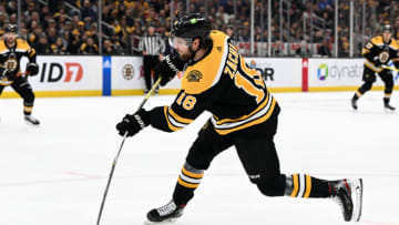 Mar 9, 2023; Boston, Massachusetts, USA; Boston Bruins center Pavel Zacha (18) takes a shot on goal against the Edmonton Oilers during the first period at the TD Garden. Mandatory Credit: Brian Fluharty-USA TODAY Sports