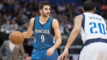 Feb 2, 2015; Dallas, TX, USA; Dallas Mavericks guard Devin Harris (20) guards Minnesota Timberwolves guard Ricky Rubio (9) during the second half at the American Airlines Center. The Mavericks defeated the Timberwolves 100-94. Mandatory Credit: Jerome Miron-USA TODAY Sports