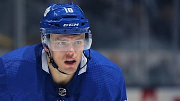 TORONTO, ON - APRIL 2: Andreas Johnsson #18 of the Toronto Maple Leafs waits for action to resume against the Buffalo Sabres during an NHL game at the Air Canada Centre on April 2, 2018 in Toronto, Ontario, Canada. The Maple Leafs defeated the Sabres 5-2. (Photo by Claus Andersen/Getty Images) *** Local Caption *** Andreas Johnsson