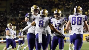 Nov 5, 2016; Berkeley, CA, USA; Washington Huskies wide receiver Dante Pettis (8) celebrates with teammates after a touchdown against the California Golden Bears during the third quarter at Memorial Stadium. Mandatory Credit: Kelley L Cox-USA TODAY Sports
