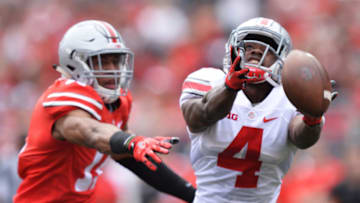 COLUMBUS, OH - APRIL 18: Curtis Samuel #4 of the Ohio State Buckeyes Gray team is unable to catch a long pass in front of Vonn Bell #11 of the Ohio State Buckeyes Scarlet in the first quarter at Ohio Stadium on April 18, 2015 in Columbus, Ohio. (Photo by Jamie Sabau/Getty Images)