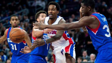 Jan 17, 2015; Auburn Hills, MI, USA; Detroit Pistons guard Brandon Jennings (7) goes to the basket against Philadelphia 76ers defenders during the first quarter at The Palace of Auburn Hills. Mandatory Credit: Tim Fuller-USA TODAY Sports