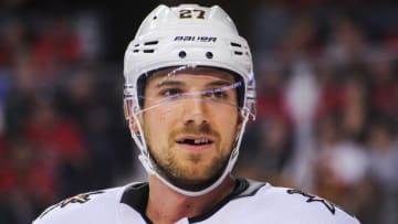 CALGARY, AB - MARCH 8: Shea Theodore #27 of the Vegas Golden Knights in action against the Calgary Flames during an NHL game at Scotiabank Saddledome on March 8, 2020 in Calgary, Alberta, Canada. (Photo by Derek Leung/Getty Images)