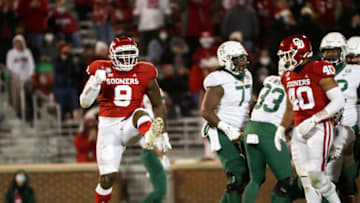 Dec 5, 2020; Norman, Oklahoma, USA; Oklahoma Sooners defensive lineman Perrion Winfrey (8) reacts during the second half against the Baylor Bears at Gaylord Family-Oklahoma Memorial Stadium. Mandatory Credit: Kevin Jairaj-USA TODAY Sports