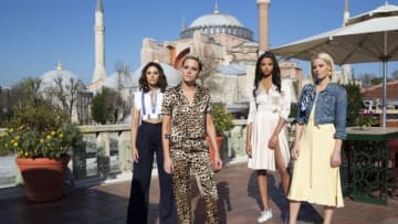 Kristen Stewart, Naomi Scott, Ella Balinska and Elizabeth Banks star in Charlie's Angels.. Photo Courtesy Nadja Klier / Sony Pictures