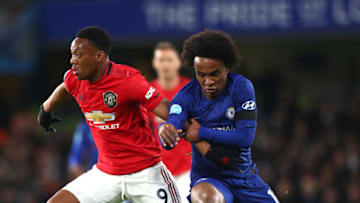 LONDON, ENGLAND - FEBRUARY 17: Anthony Martial of Manchester United and Willian of Chelsea FC in action during the Premier League match between Chelsea FC and Manchester United at Stamford Bridge on February 17, 2020 in London, United Kingdom. (Photo by Chloe Knott - Danehouse/Getty Images)